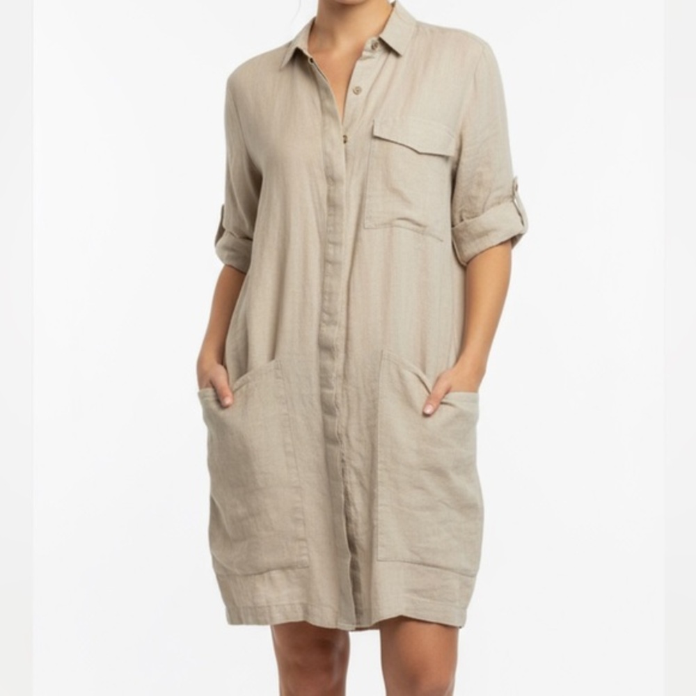 Kut from the Kloth Linen Khaki Button Down Cargo Shirt Dress with Pockets S